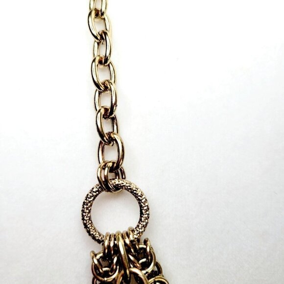 Antiqued Gold Tone Triple Strand Necklace Rhinestones Weighty Nautical Clasp 32" - Picture 6 of 7